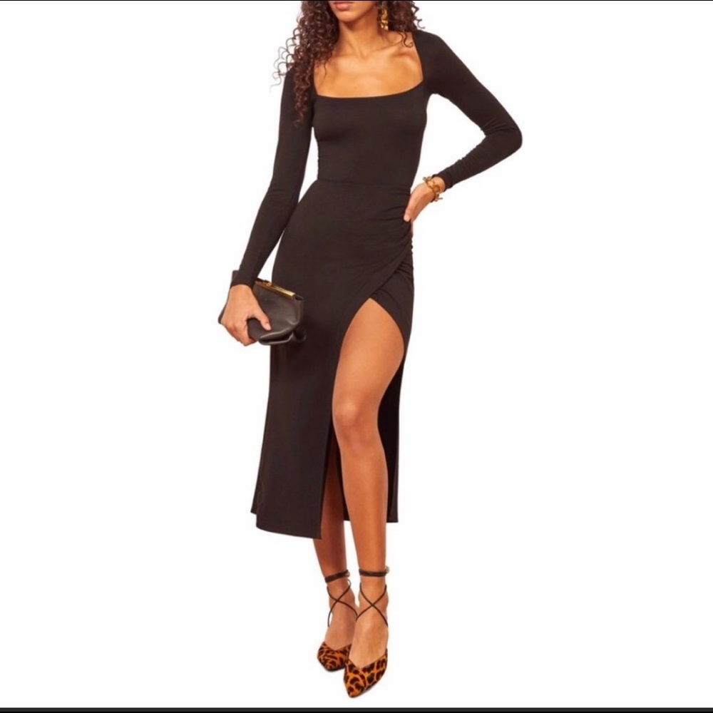 Reformation Dottie Long Sleeve Midi Dress Black Size Medium